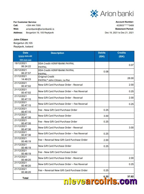 Iceland Arion Bank statement easy to fill in .xls and .pdf file format